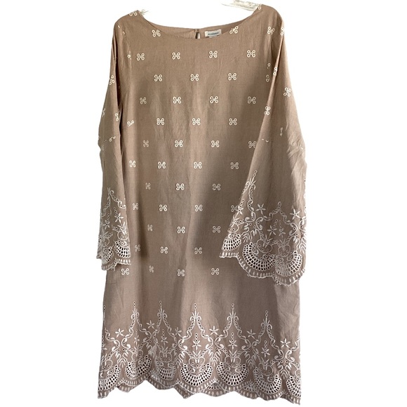 Sundance Dresses & Skirts - Sundance Embroidered Long Bell Sleeve Tan Sheath Dress Size 12